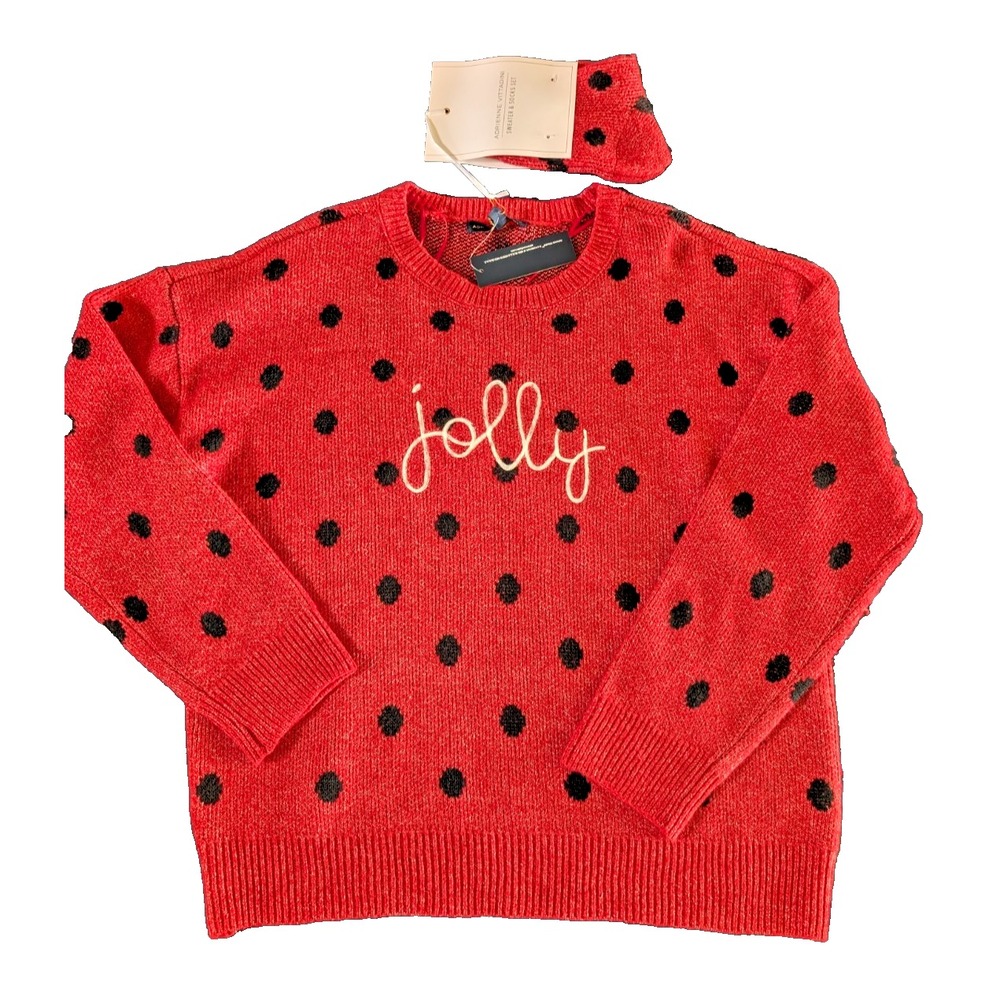Adrienne Vittadini Christmas Jolly Red Polka Dot Sweater & Socks Set PXL GSS6483